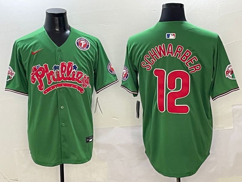 Men Philadelphia Phillies #12 Schwarber Green Fourth generation Joint Name Nike 2025 MLB Jersey style 6